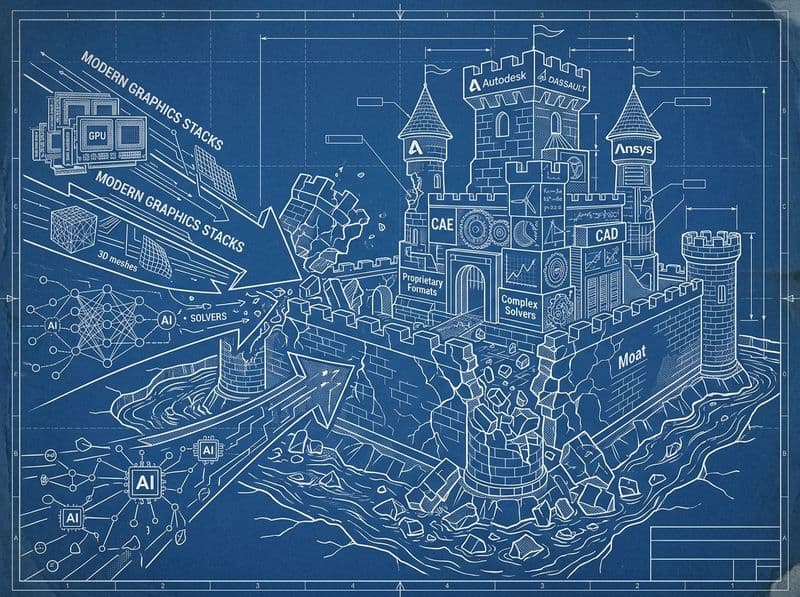 Cover illustration for "The Collapsing Moat of Legacy Engineering Software"
